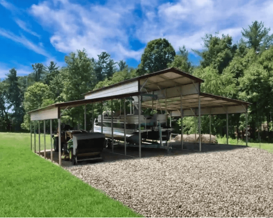 38x25x12/8 Metal Barn with 12' Lean - To - Vertical Roof (SKU: FB223) Bunce Buildings FB223